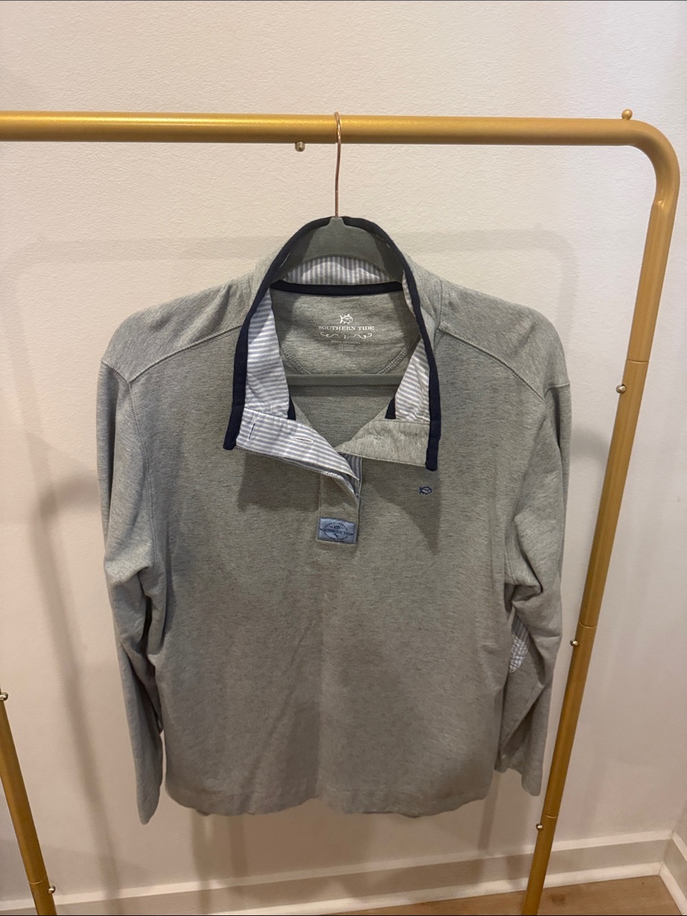 Southern Tide Light Gray Long Sleeve Rugby Polo with Navy Trim